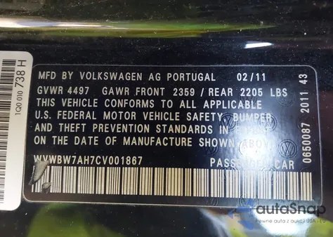 2012 Volkswagen Eos Komfort from USA, damaged, VIN WVWBW7AH7CV001867
